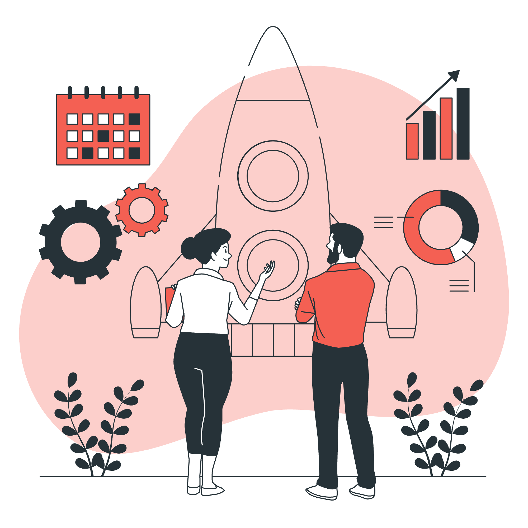 Two people reviewing a rocket launch plan together